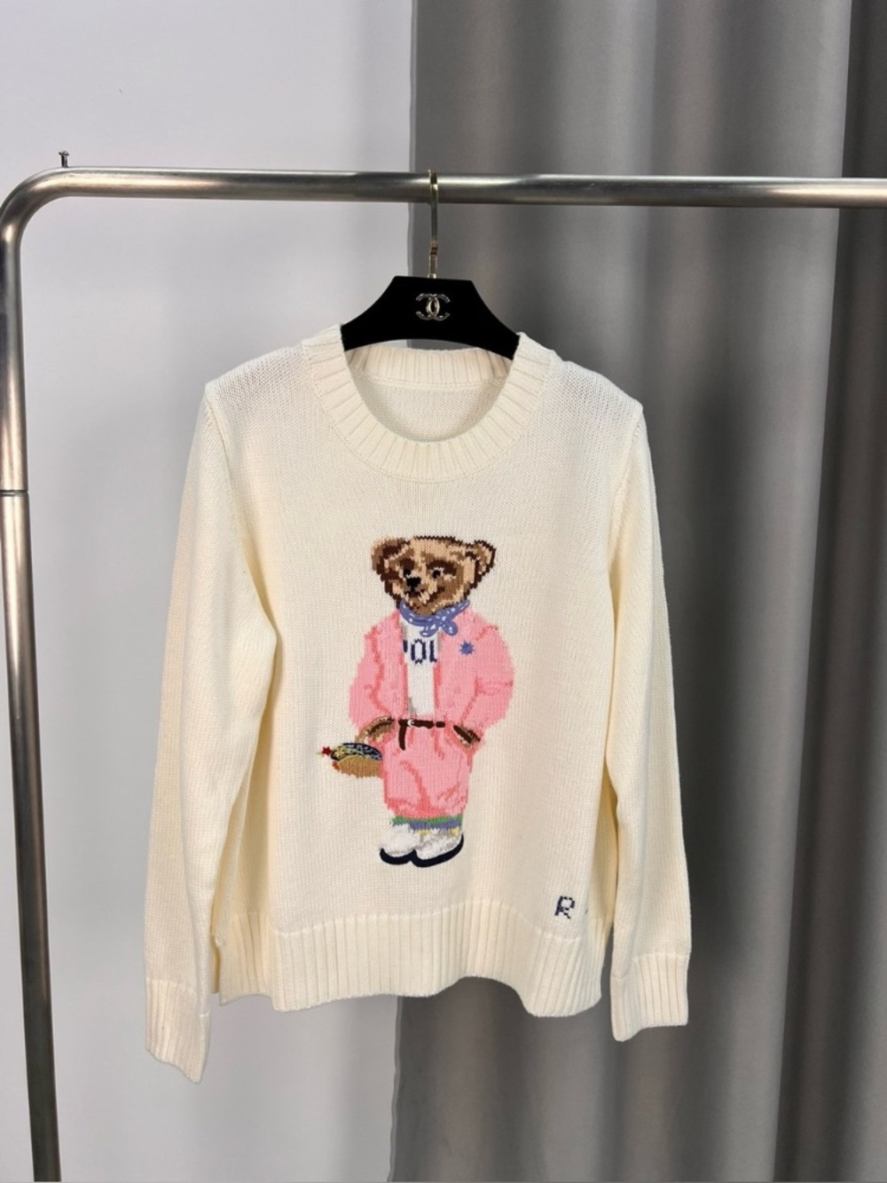 Polo by Ralph Lauren Cream Knit Crewneck Sweater with Pink Bear Motif